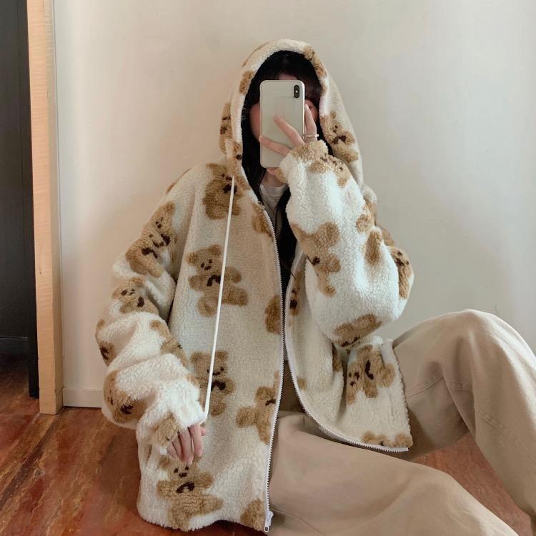 New Cartoon Thick Pattern Bear Print Women Winter Korean Large Size Long Sleeve Hooded Coat Warm Couple Streetwear