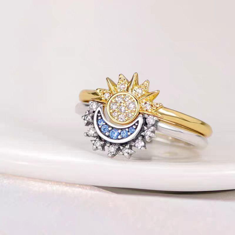 Personalized Simple Design Sense of Sun and Moon, Stacked with Diamonds, Sun and Moon Couple Ring Ring