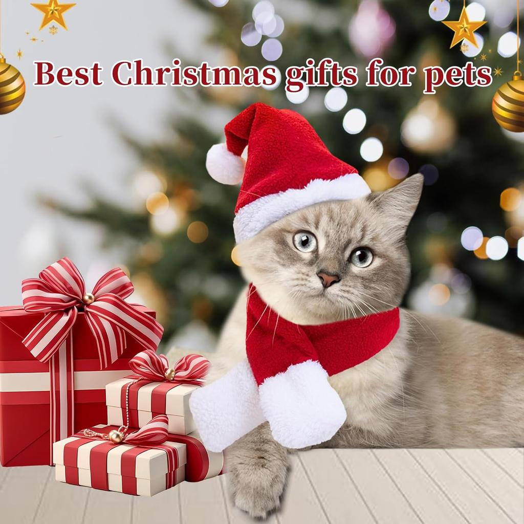 Christmas Pet Costume Set Adjustable Santa Hat Scarf for Small Dogs Cats Puppy Party Photo Props