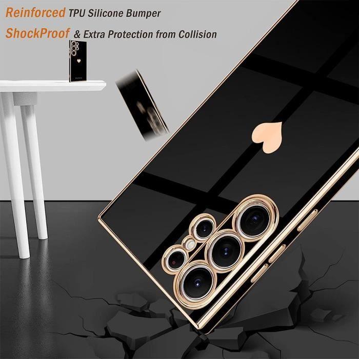 Coque de protection - BOOLING - pour Samsung Galaxy S24 Ultra - Silicone verni noir - Antichoc - Motif cœur luxe