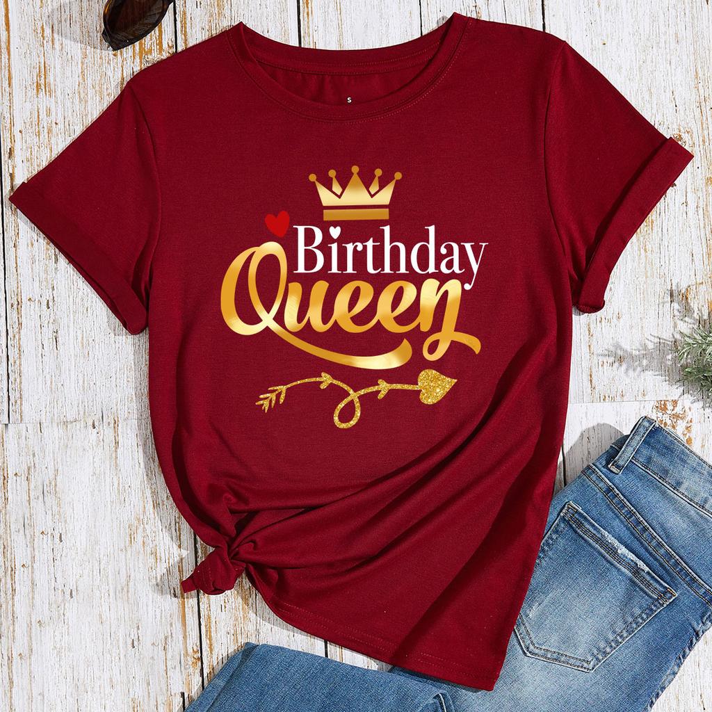 Queen Birthday Pattern Cotton T-Shirt Short Sleeve Round Neck Women 2d Print Tops