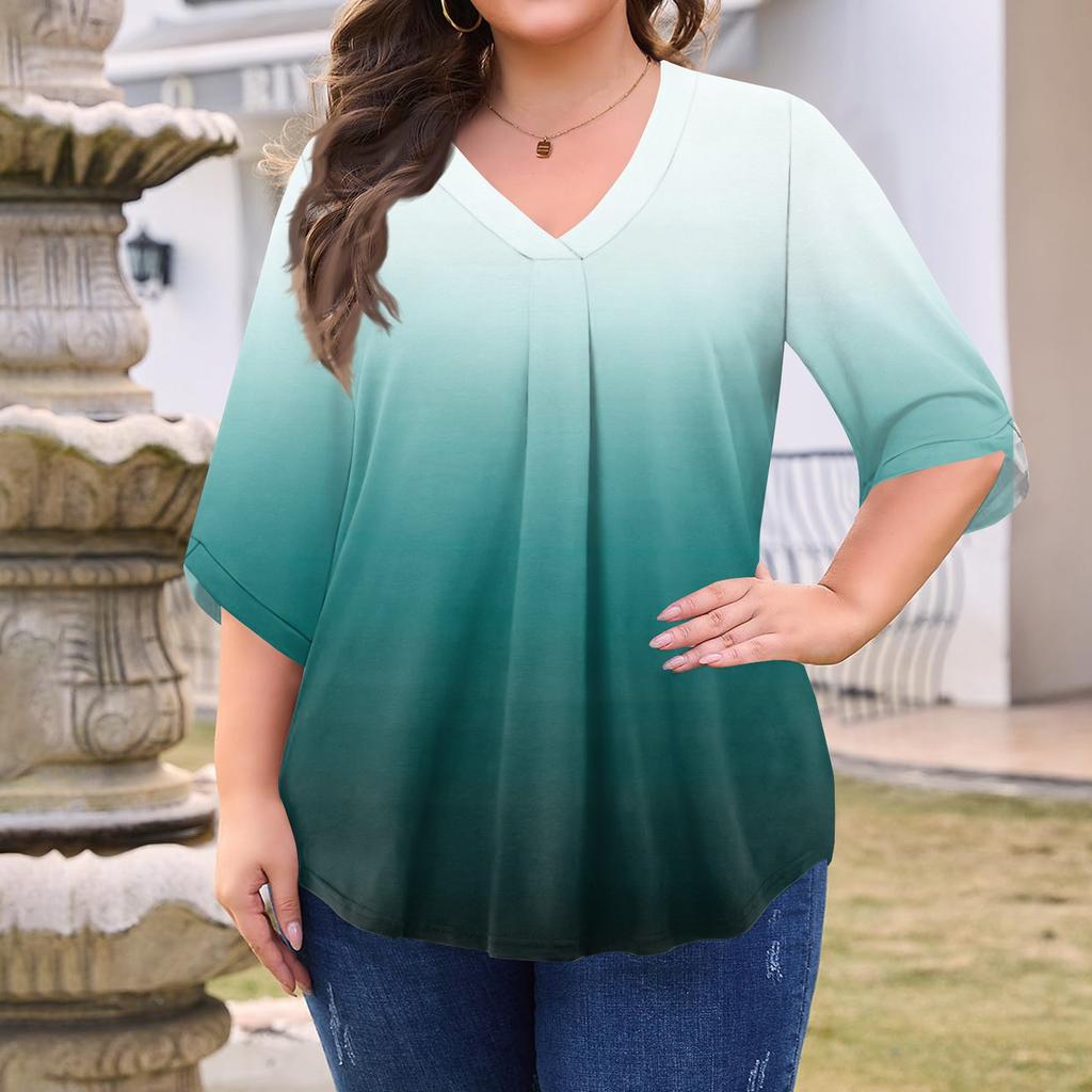 Women's Fashion Large Size Printed V-Neck Three-quarter Sleeve Top