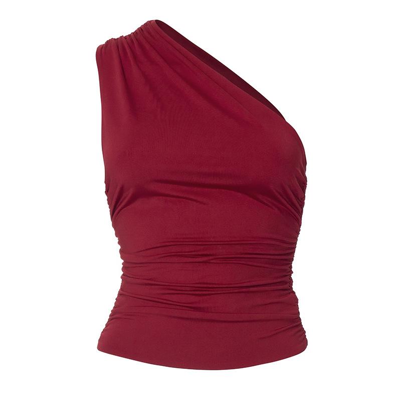 GMXIA Женская зимняя однотонная футболка с открытыми плечами и плиссированной майкой на одно плечо