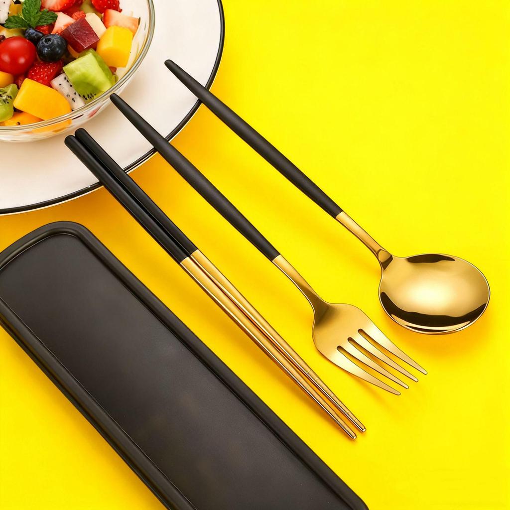 Дорожный набор столовых приборов из нержавеющей стали 410: Вилка, Ложка и Палочки в Подарочной Коробке. Идеально подходит для студентов!