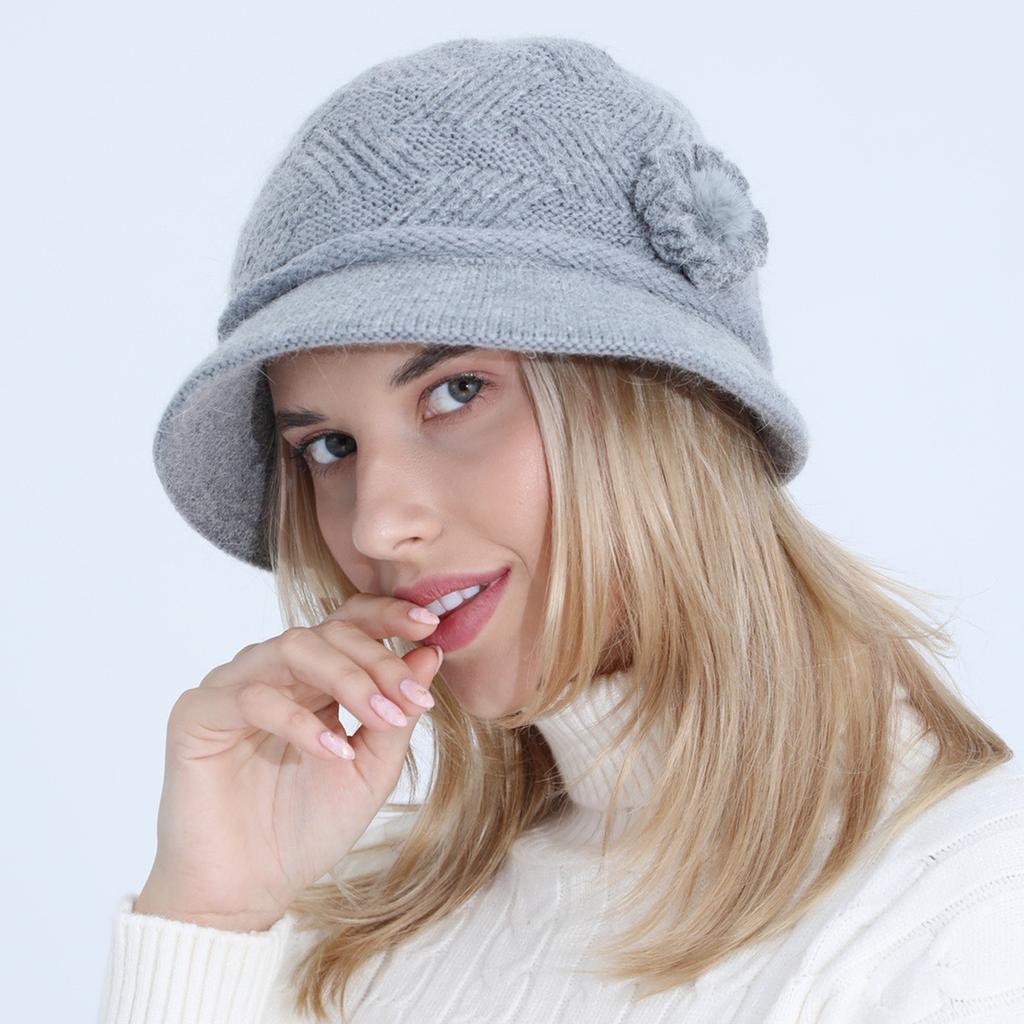 New Women's Knitted Bucket Hat Autumn and Winter Flowers Fashion Plus Velvet Thick Warm Hat