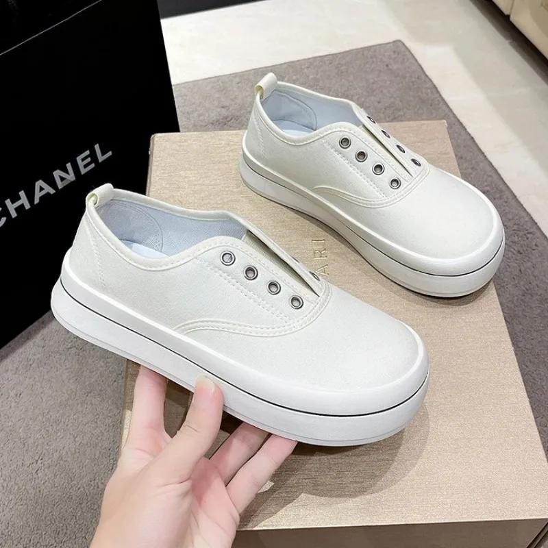 Модные женские парусиновые туфли на плоской подошве 2024 года, летние новые низкие неглубокие женские кроссовки без застежек, повседневные кроссовки zapatillas mujer, белые женские кроссовки