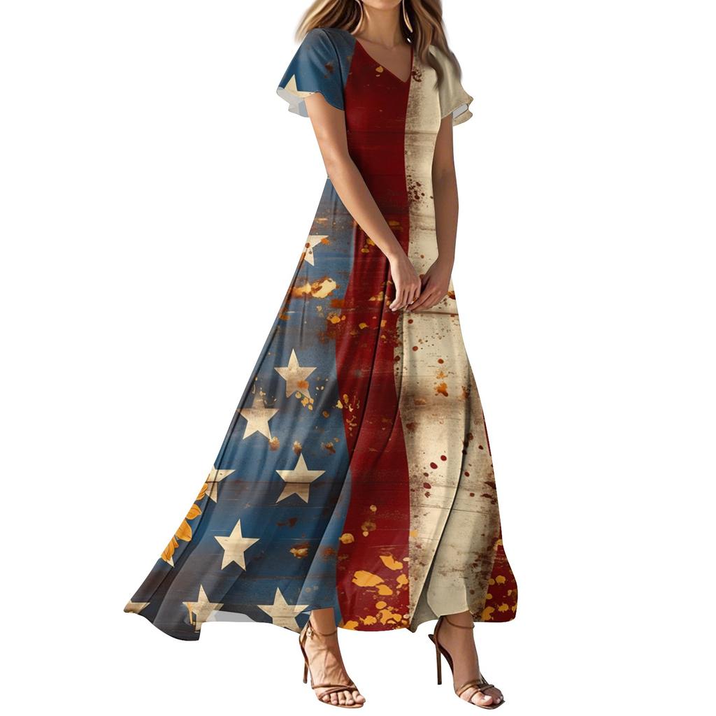 Женское повседневное платье с принтом флага Дня независимости, V-образным вырезом, короткими рукавами и высокой талией