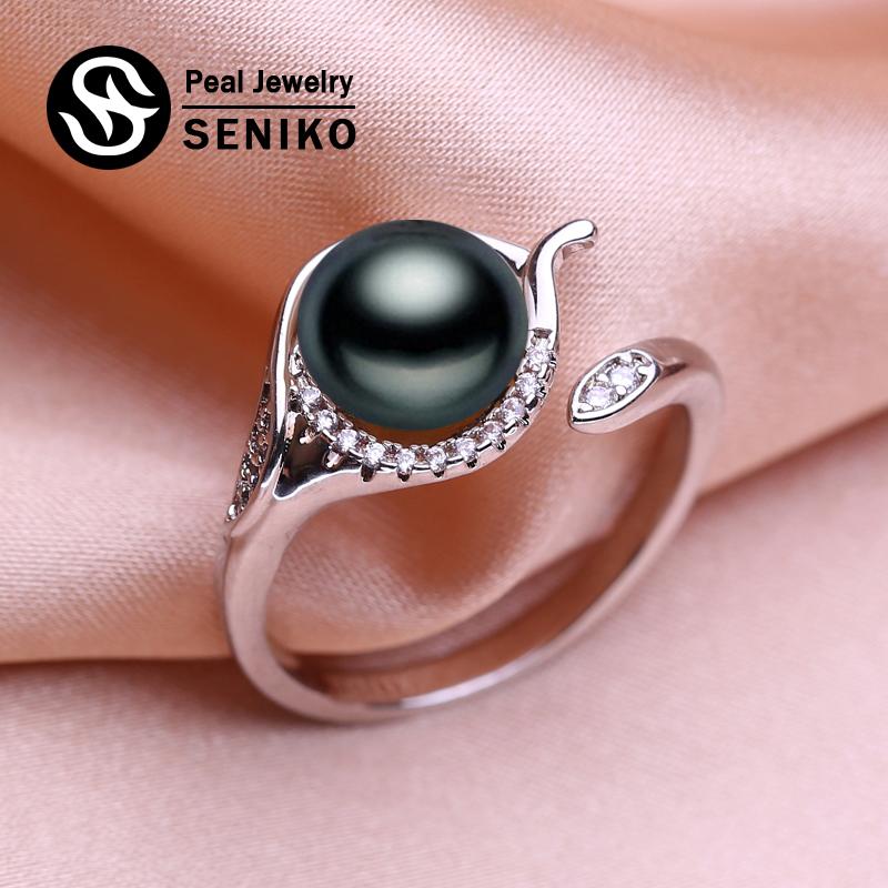 seniko Natural Freshwater Pearl Rings For Women Fashion Female Cubic Zirconia CZ Ring Pearl Jewelry Adjustable Ring