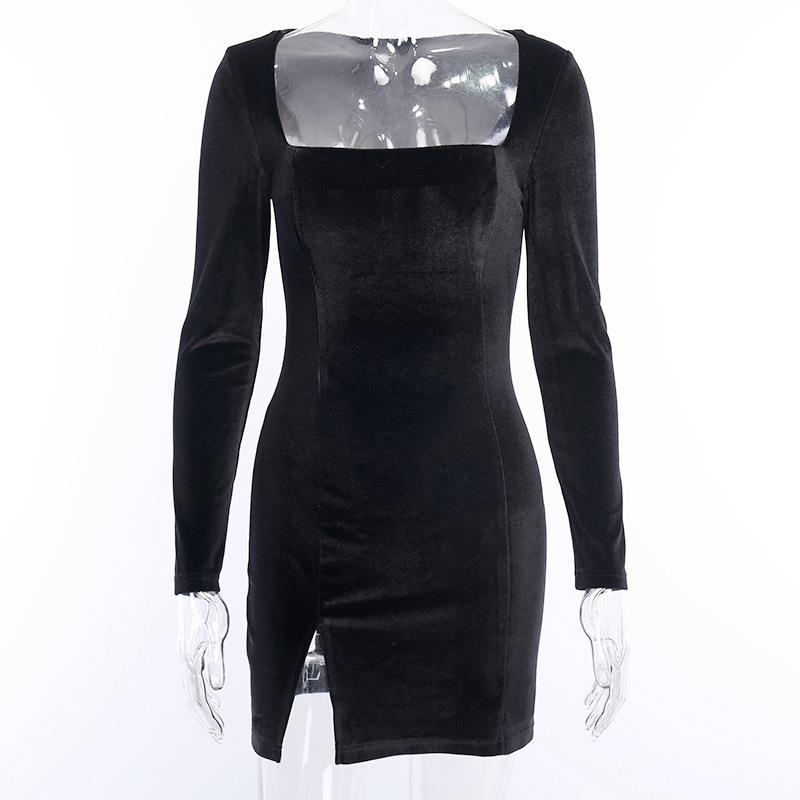 Autumn New Solid Color Velvet Dress Sexy U-neck Style Round Neck Slit Skirt