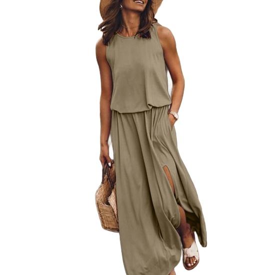 Женское летнее платье с плиссировкой, круглым вырезом, без рукавов, однотонное, свободное, с разрезом, макси-платье, повседневная одежда для свиданий, вечеринок, длинное платье