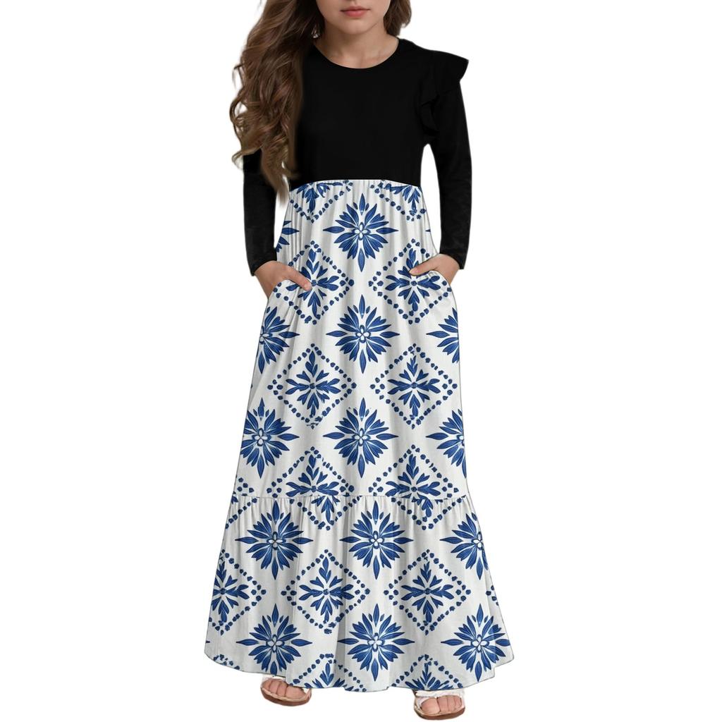 Girls' Tiered Ruffle Dress - Long Sleeve Printed Maxi With Pockets