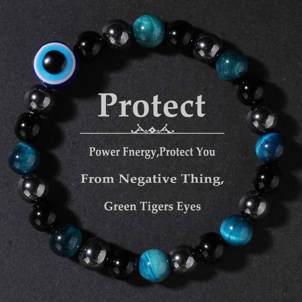 Triple Protection Bracelet Blue Tigers Eye Black Bile Obsidian Evil Eye Beaded Bracelet Handmade Stretch Beaded Bracelets