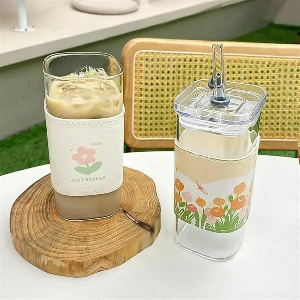 2xGlass Bubble Tea Cups Heat Resistant with Straw Compatible with Iced Coffee Cold Drinks Cup Juice Cup Milk Cup with Lid Glass Texture