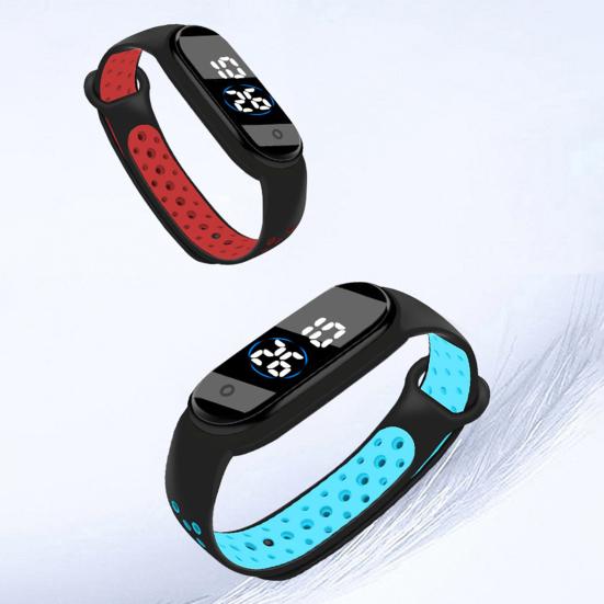 Светодиодные электронные часы Водонепроницаемые противоскользящие регулируемые двухцветные ремешки из ТПУ Прямоугольный циферблат Детские студенческие повседневные спортивные цифровые наручные часы