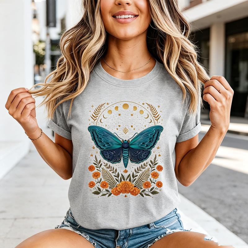 Moth and Moon Graphic Print Tees for Unisex and Unisex Vintage Style Short Sleeve TShirts