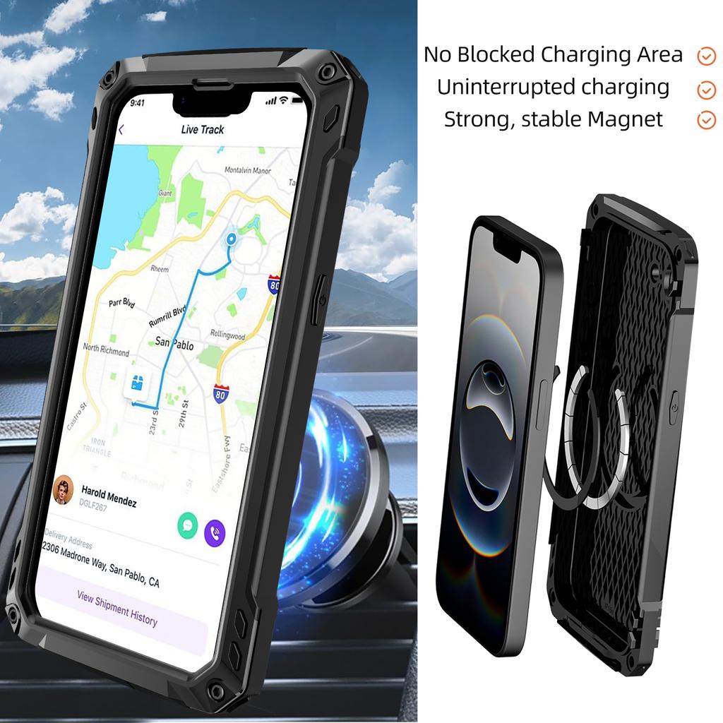 For iPhone 16e Case Aluminum Alloy+Silicone Lens Kickstand Phone Cover with Tempered Glass Film