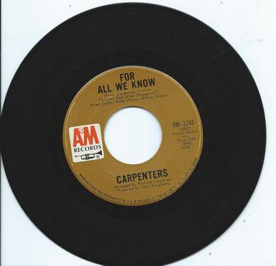 7-дюймовая пластинка CARPENTERS For All We Know AM1243 AM 1971 Канада Поп Б/у