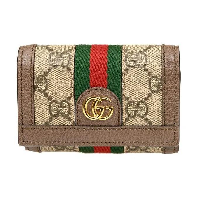 Gucci Ophidia Винтажный Логотип Полосатая Ленточная Двойная Складная Кошелек из Холста и Кожи Унисекс Стиль для Пары Эбеновое Дерево/Коричневый