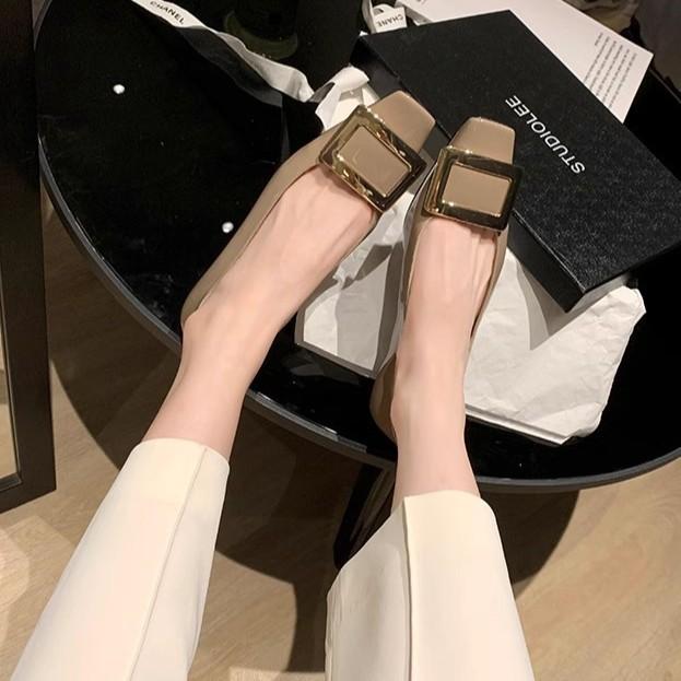 French Elegant Metal Square Buckle Small Thick Heel Shallow Mouth Square Head Flat Sole Single Shoe Women's Spring and Autumn New Models