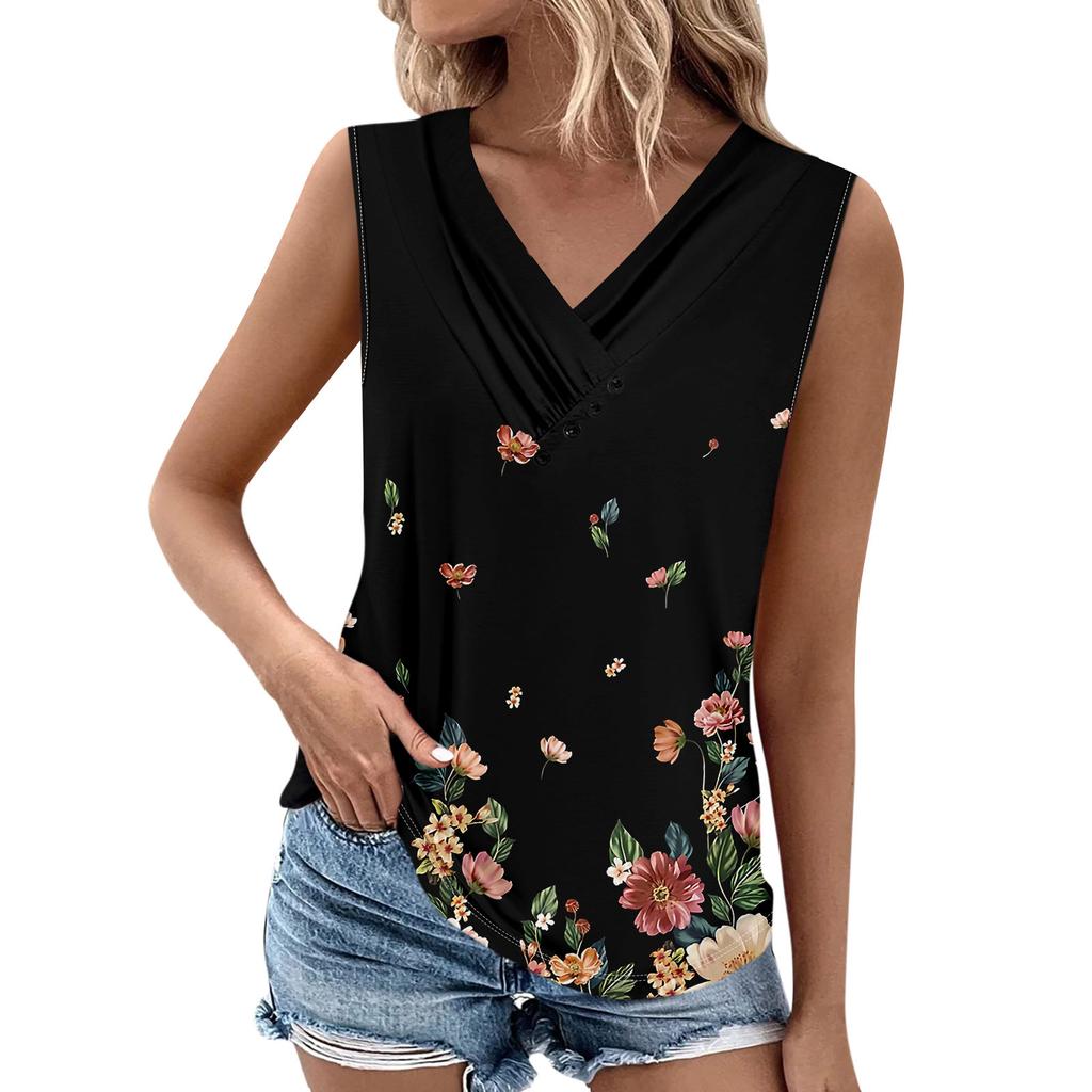 Summer Womens Tank Tops V Neck Casual Printed Sleeveless Shirts Casual Loose Fit Pleated Tshirts Tees Ladies Blouse