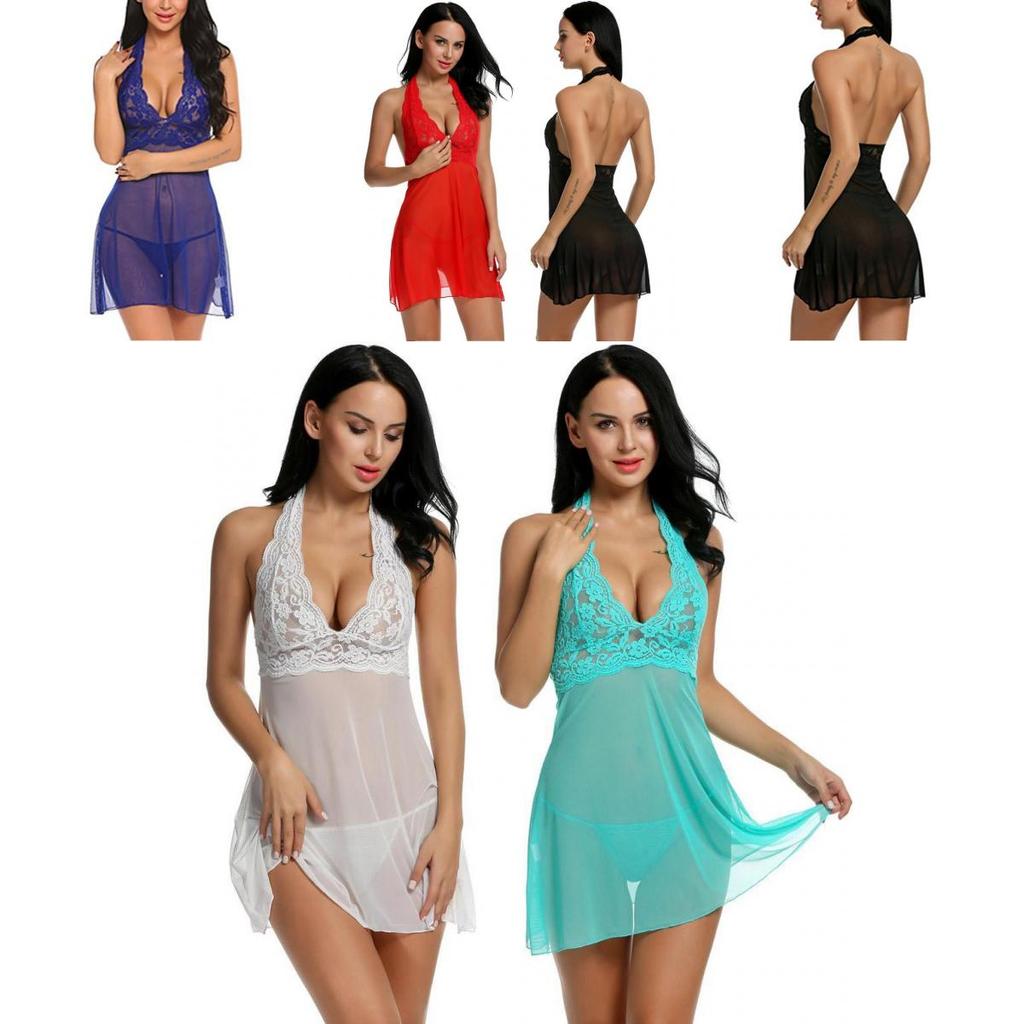 Alluring Women Sexy Lingerie Dress Baby Doll Halter Lace Patchwork Sleepwear Nightwear