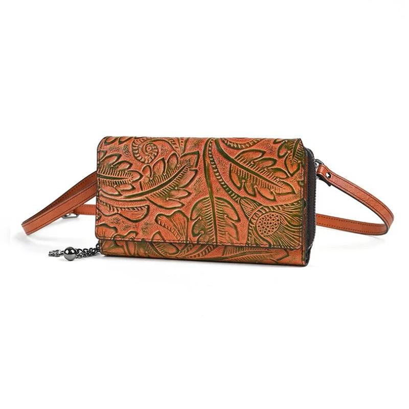Johnature Сумка для телефона Ретро Тисненый Большая вместимость Мультикарта Женский кошелек Универсальная Маленькая сумка через плечо