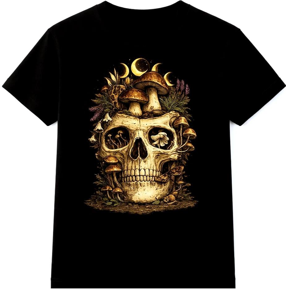 Skull T-Shirt Mushroom Graphic Moon Phases Dark Nature Fungi Art Design Tee