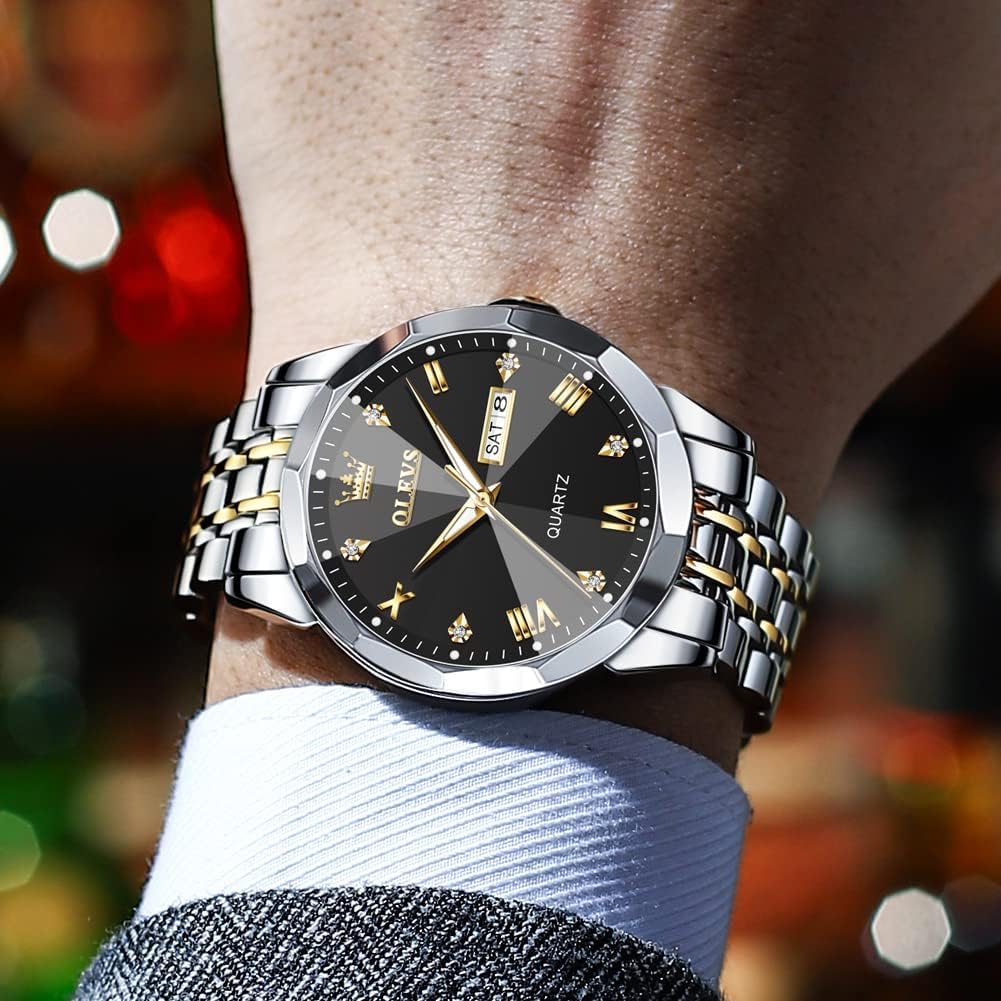 OLEVS Diamond Arm Watch Stylish Popular Quartz Analog Business Date Waterproof Luminous watches for men Men's Men's (Black White-9931)