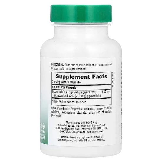 NaturesPlus- Активные вещества растительного происхождения, солодка (ДГЛ), 500 мг, 60 веганских капсул