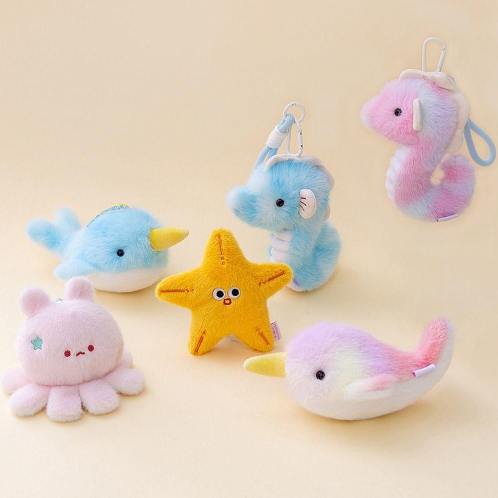 Soft Ocean Animal Plush Keychain Kawaii Fluffy Whale Keyring Bag Charm Seahorse Pendant Home Decor