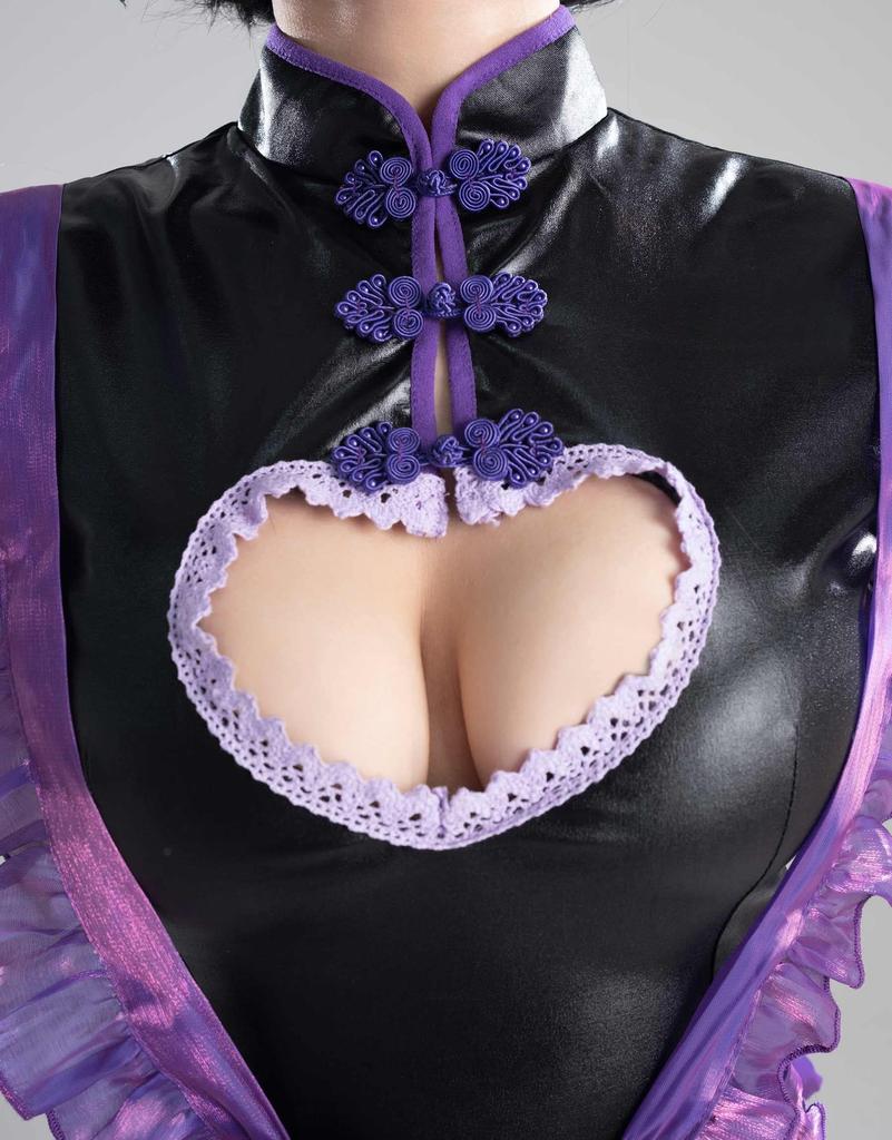 [Miccostumes] Взрослый женский костюм горничной, косплей-наряд, сексуальное платье в китайском стиле с низким вырезом в форме сердца, комплект нижнего белья (L, Черный и Фиолетовый)