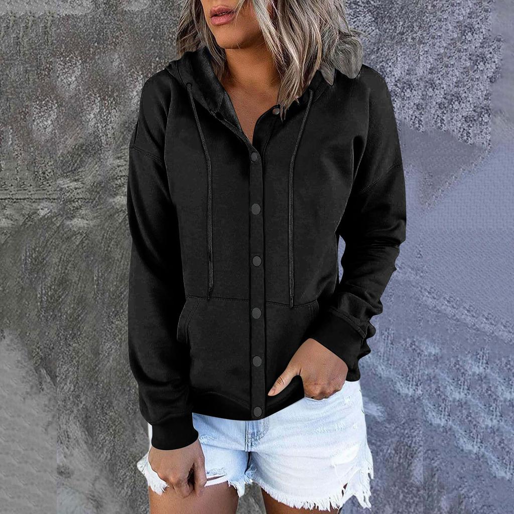 Women's Fashion Casual Solid Colour Button Hoodie Long Sleeve Sweatshirt Drawstring Jacket Coat