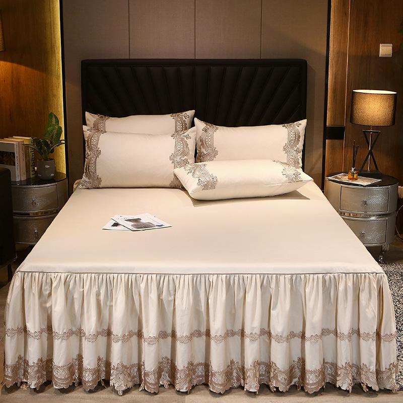 European-Style Satin 60S Long-Staple Cotton Lace Bed Skirt Three-Piece Cotton Non-Slip Bedspread Three-Piece Set 1.5 M1.8 M