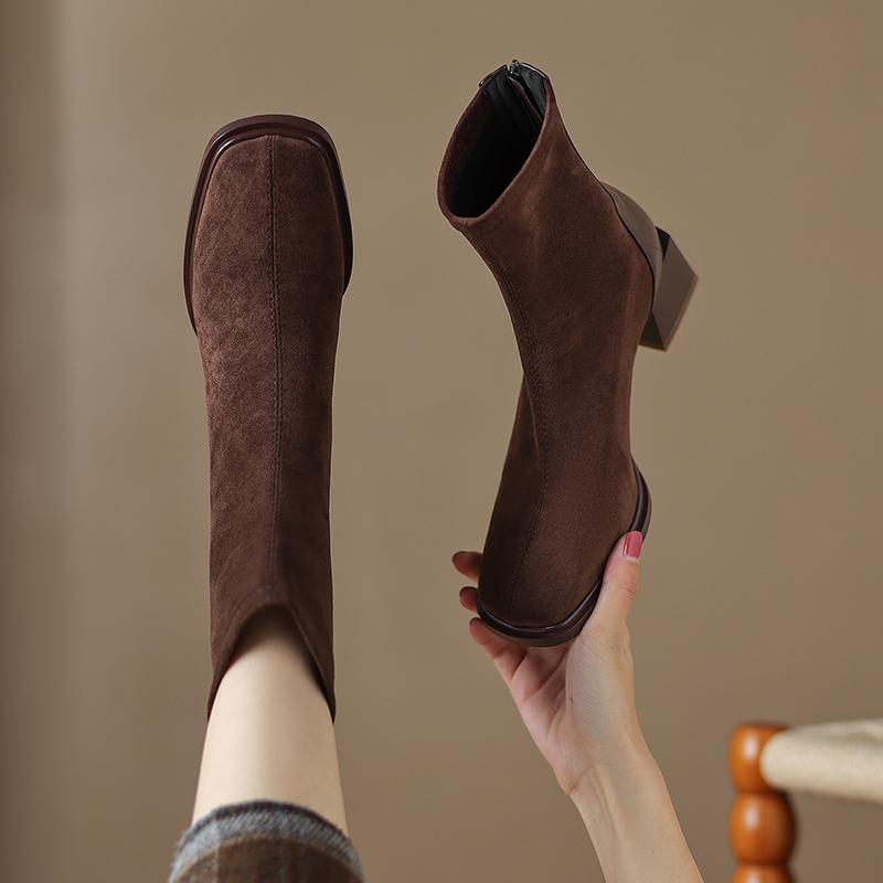 Krazing Pot Осенне-зимняя обувь из флока Ботинки Челси с квадратным носком, сохраняющие тепло, на молнии, эластичные ботильоны