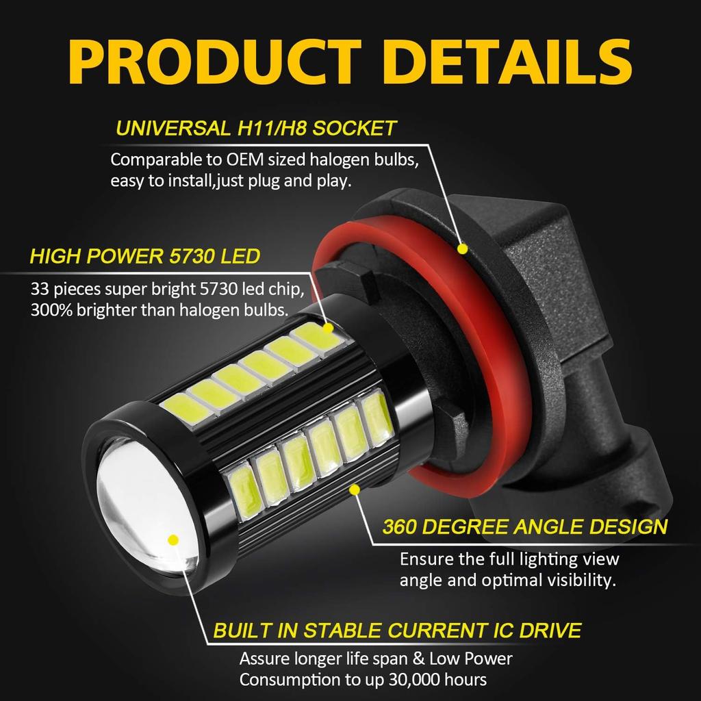 AUXLIGHT H11 H8 H11LL H8LL H16 (Japanese) LED Fog Light Bulbs 6000K Xenon White, Super Bright 2800 Lumens 33-SMD Chips LED Daytime Running Lights DRL