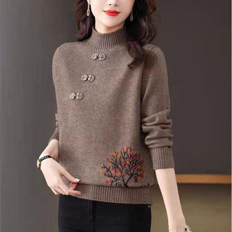 Жаккардовый свитер с полуворотом, женская внутренняя блузка в китайском стиле в стиле ретро, осенне-зимняя трикотажная нижняя рубашка в стиле вестерн