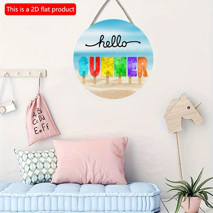 2D Flat 20*20cm 1pc Hello Summer Cool Letters Popsicle Pattern Good Quality Hanging Ornament, Cool Ocean Beach Scenery Home&Wedding&Marine Party Round