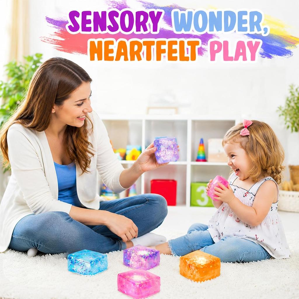 Glitter Cube Squishy Toys, Ice Cube Stress Balls Fidget Toys | Soft Squeeze Sensory Toys for Stress & Anxiety Relief, Classroom Prizes Party Favors