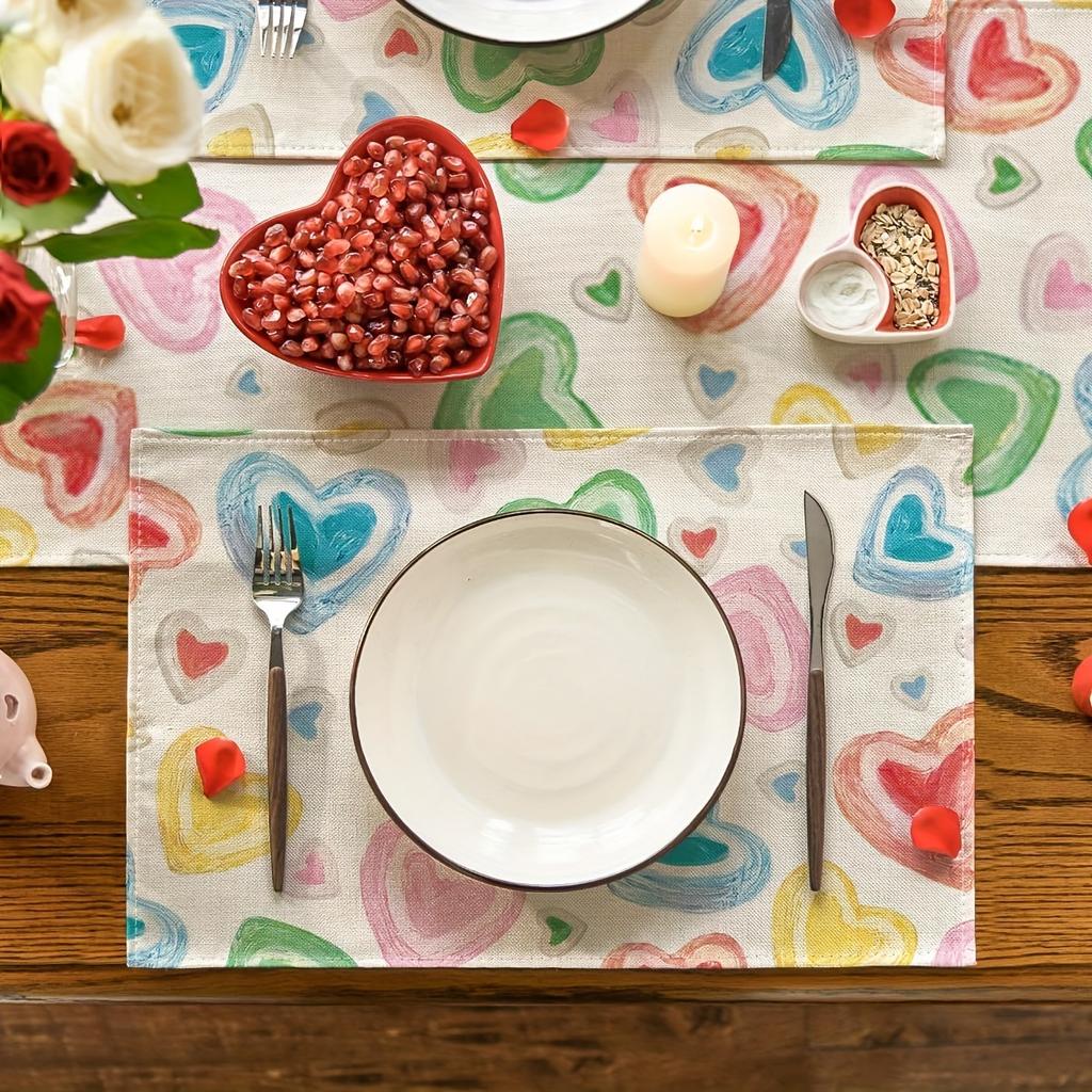 4/6 Pack Linen Placemats, Rectangular Heart Candy Design, Machine Washable, 12x18 Inch, Valentine'S Day Table Mats for Dining & Kitchen Decor, Wedding