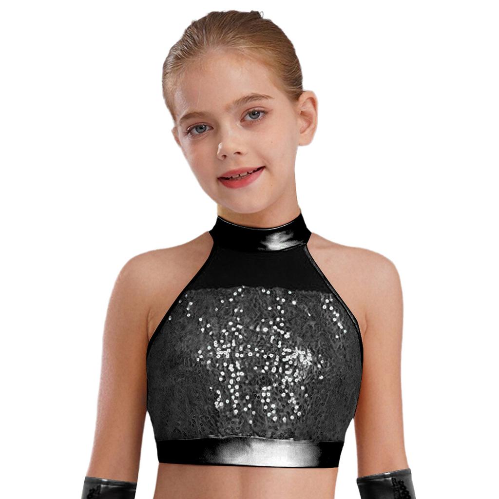 Женский топ для танцевального выступления без рукавов с воротником-стойкой, пэчворк из блестящих пайеток, вырез на спине, укороченный топ