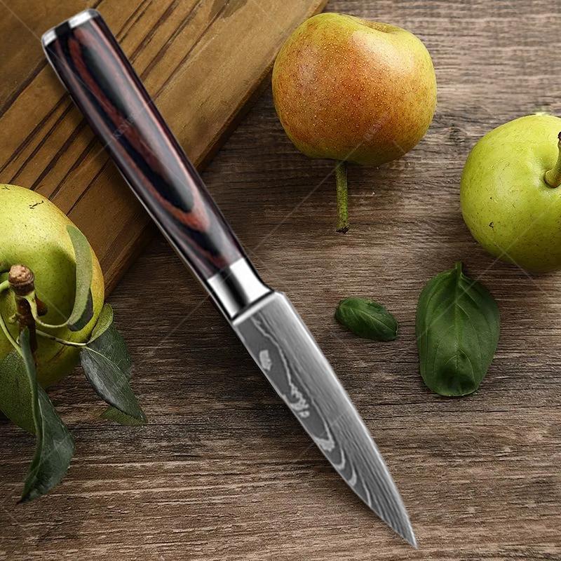 3pcs Stainless Steel Multi-purpose Knife Extremely Thin Sharp Fruit Knife Santak Carving Knife Color Tree Grain Handle Kitchen Quality Knife Set