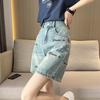 Kashtado'zlik bilan bezatilgan denim shortilar ayollar yozgi yuqori bel A-siluet ozdiruvchi retro o'rta uzunlikdagi to'g'ri oyoqli keng besh chorak shimlar
