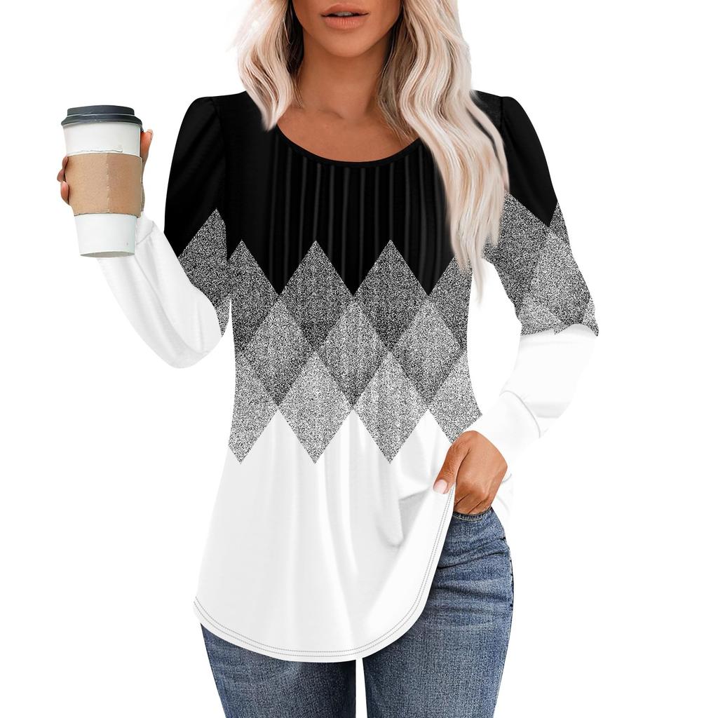 Рубашки с длинным рукавом для женщин, топы, нарядные повседневные блузки, плиссированные топы-туники с круглым вырезом