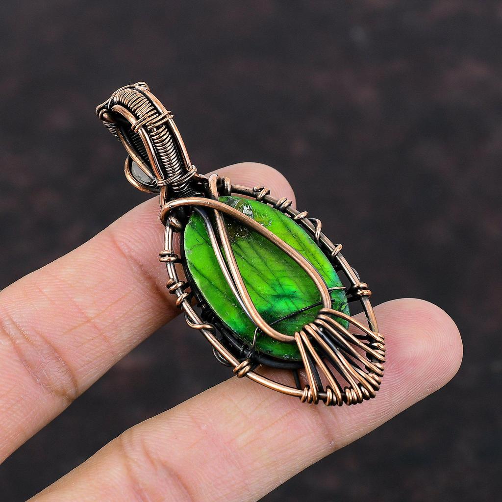 Сглаз, зеленый огонь, лабрадорит, кулон, медная проволока, кулон, кулон с лунным камнем, медные украшения, кулон с драгоценным камнем ручной работы, подарок для мамы
