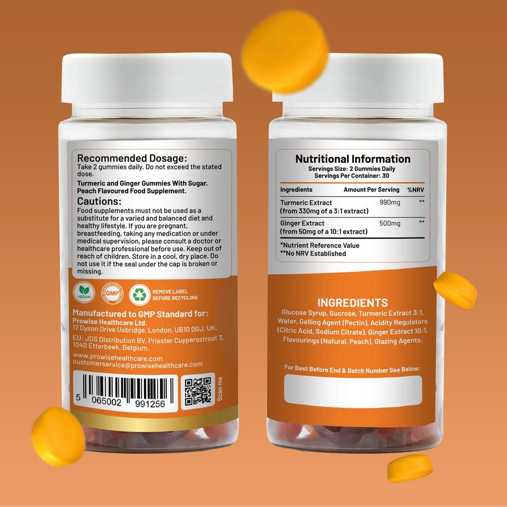 Жевательные конфеты с куркумой и имбирем | 60 веганских жевательных конфет для профессионалов | Натуральный вкус персика | Аппетитные жевательные конфеты для общего здоровья и хорошего самочувствия от Prowise