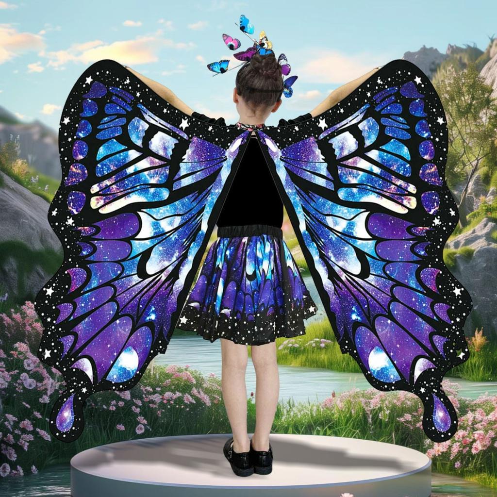 Плащ-бабочка для детей, костюм для косплея, красочный костюм с крыльями феи, развевающимися рукавами, многослойным подолом, карнавальная юбка, повязка на голову на Хэллоуин, маска