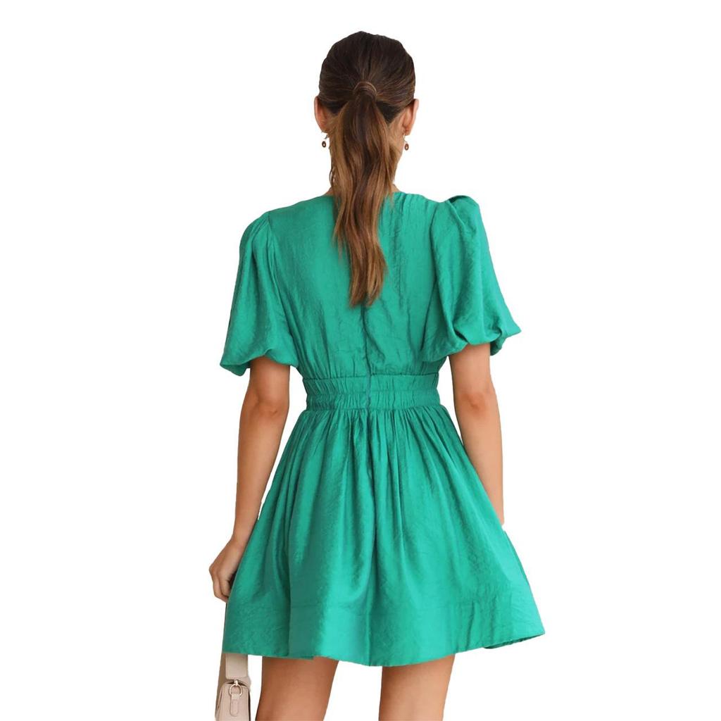 Женское весеннее однотонное платье с V-образным вырезом и короткими рукавами-фонариками, летнее повседневное платье А-силуэта с высокой талией выше колена, S-XL