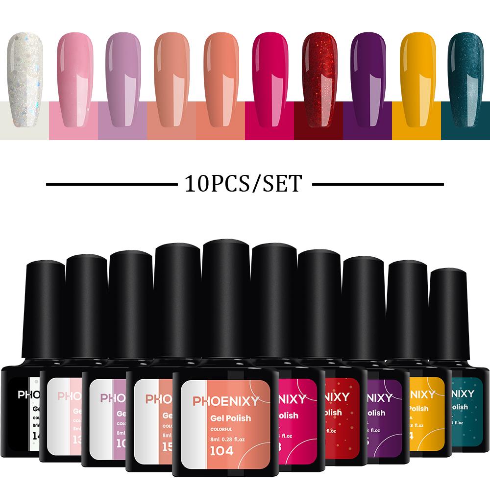 Гель-лак для ногтей PHOENIXY, 10 цветов, замачиваемый УФ-гель для ногтей, стартовый набор для дизайна ногтей, набор блестящих лаков для DIY, дома, гель для маникюра