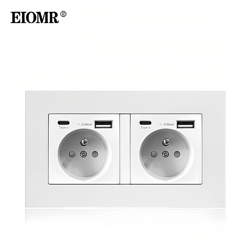Розетка EIOMR Стандарт Франции, Одинарная Двойная AC 100~250V 16A Белый Черный Настенная Тип-C USB Вилки Розетка для Дома Офиса