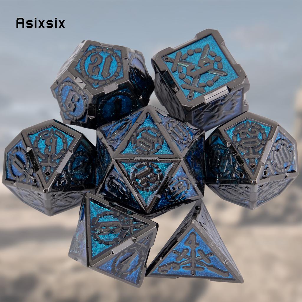 7 шт. синие, серебряные двойные мечи, металлические кубики, набор одноцветных многогранных кубиков, подходящий для ролевой игры, настольной игры Pathfinder